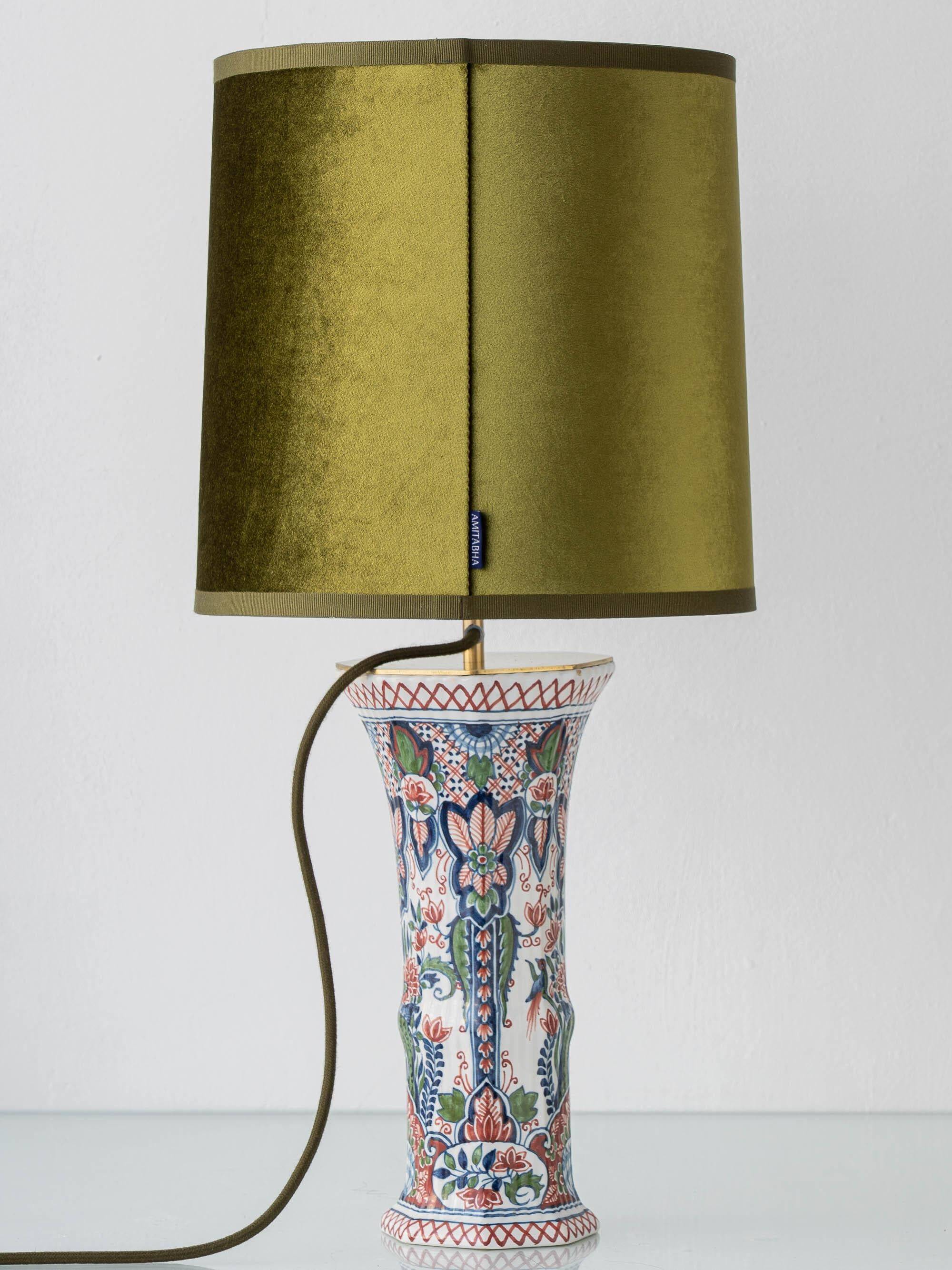 Pair of Dutch Delft Makkum ceramic table lamps with new olive green velvet shades.