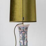 Pair of Dutch Delft Makkum ceramic table lamps with new olive green velvet shades.