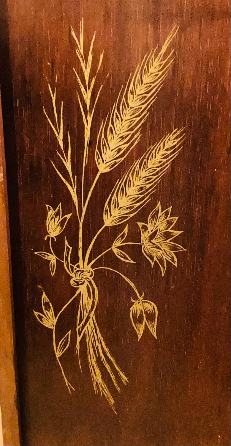 1980s solid wood bread bin decorated with a golden wheat sheaf