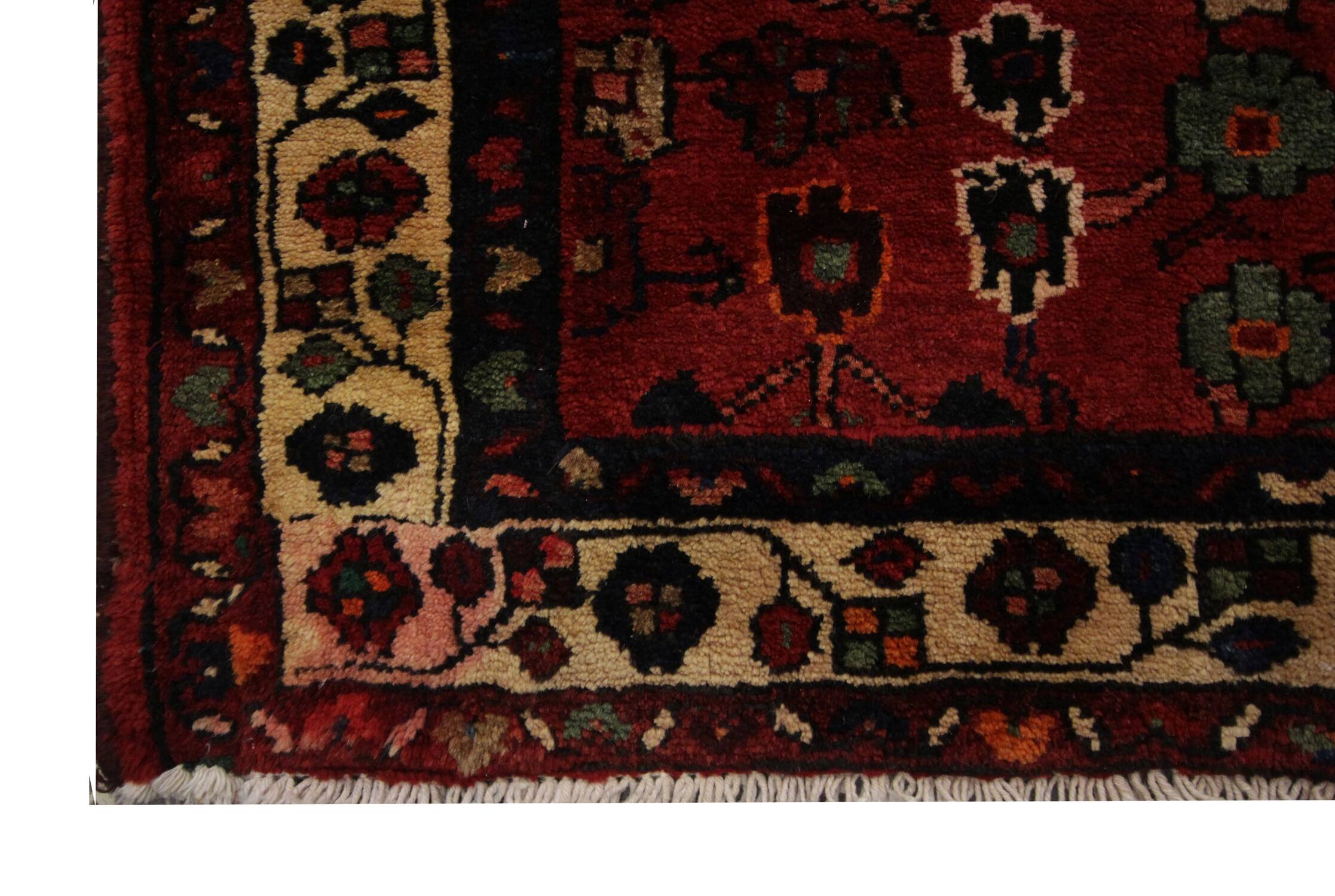 Tapis de couloir vintage en laine à motif floral rouge bordeaux, tapis oriental des années 1950, 110 x 350 cm
