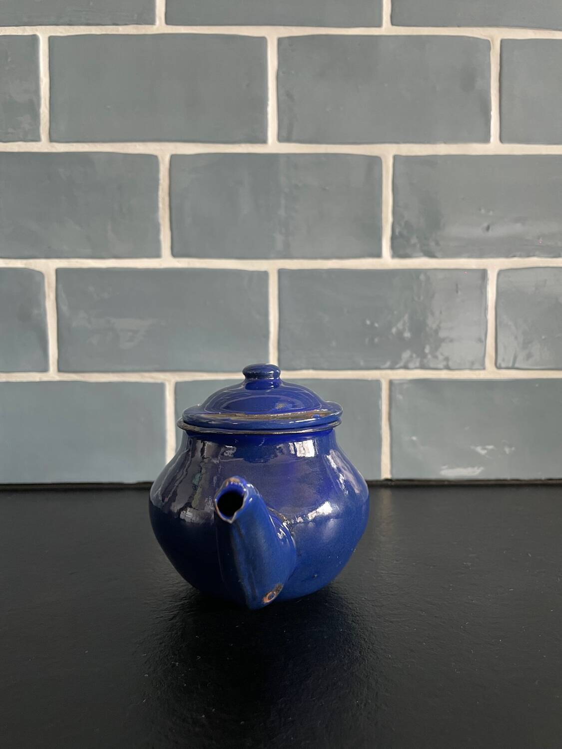 Mini blue enamelled sheet metal teapot