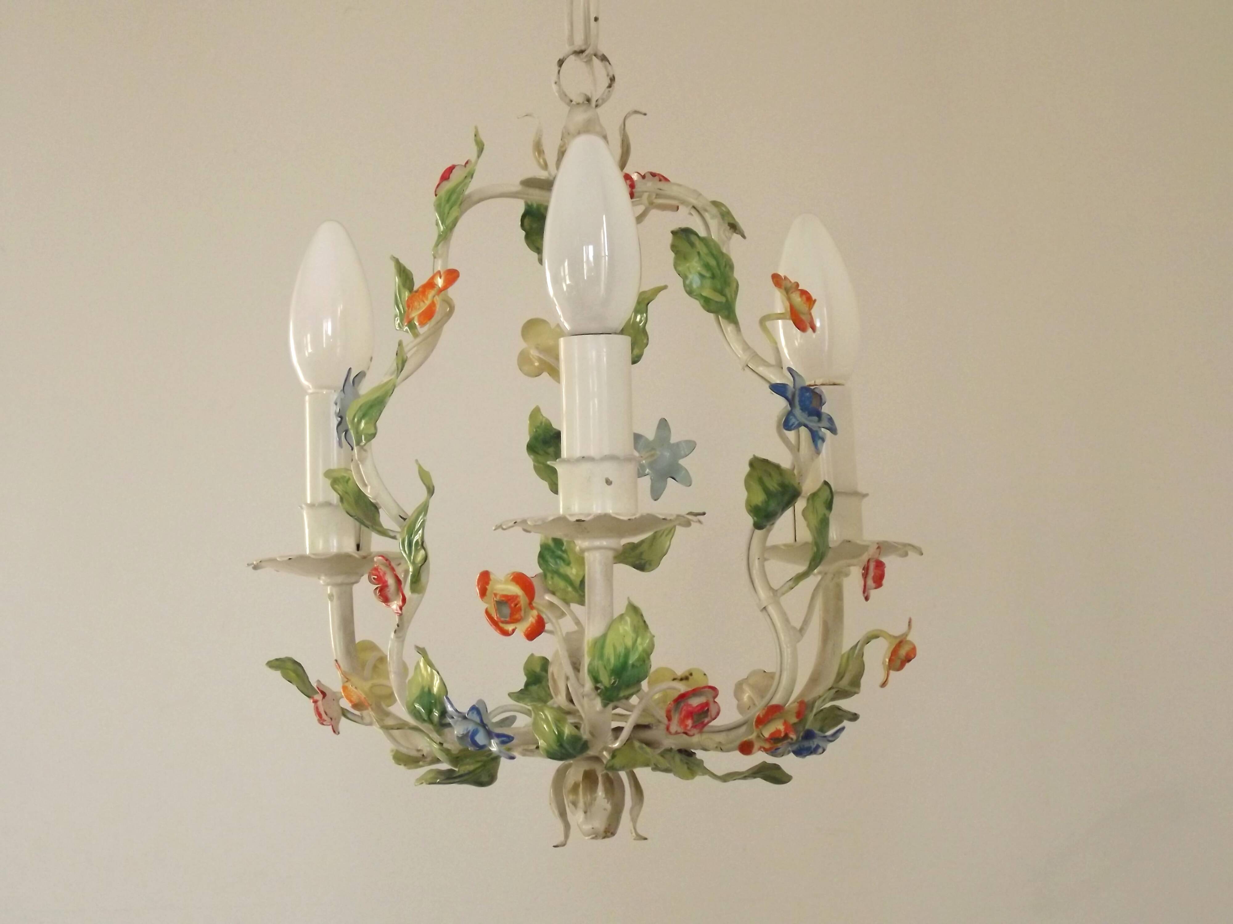 Romantic Vintage Italian Metal 3 Light Cage Chandelier Circa 1930s/40s