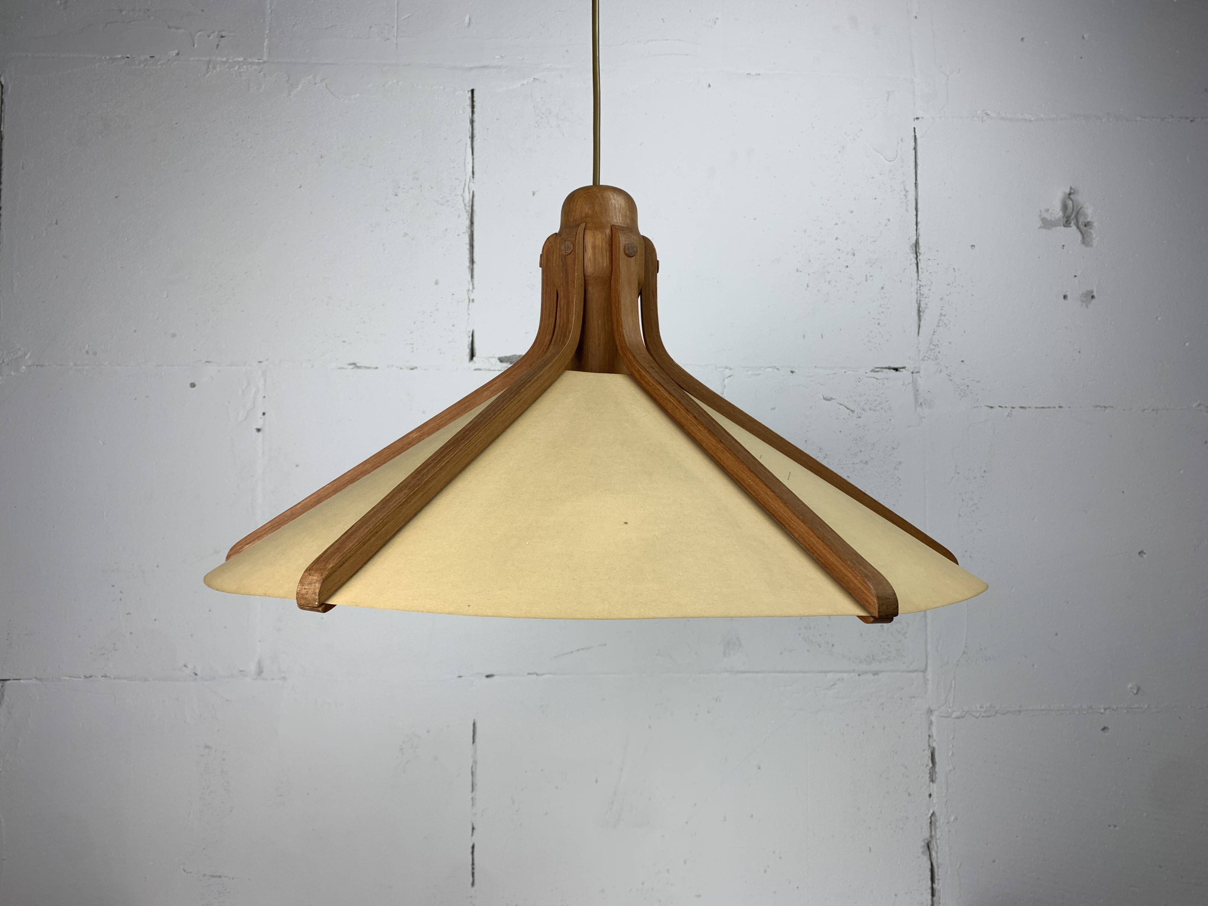Midcentury teak and perkament pendant by Temde Leuchten, 1970s