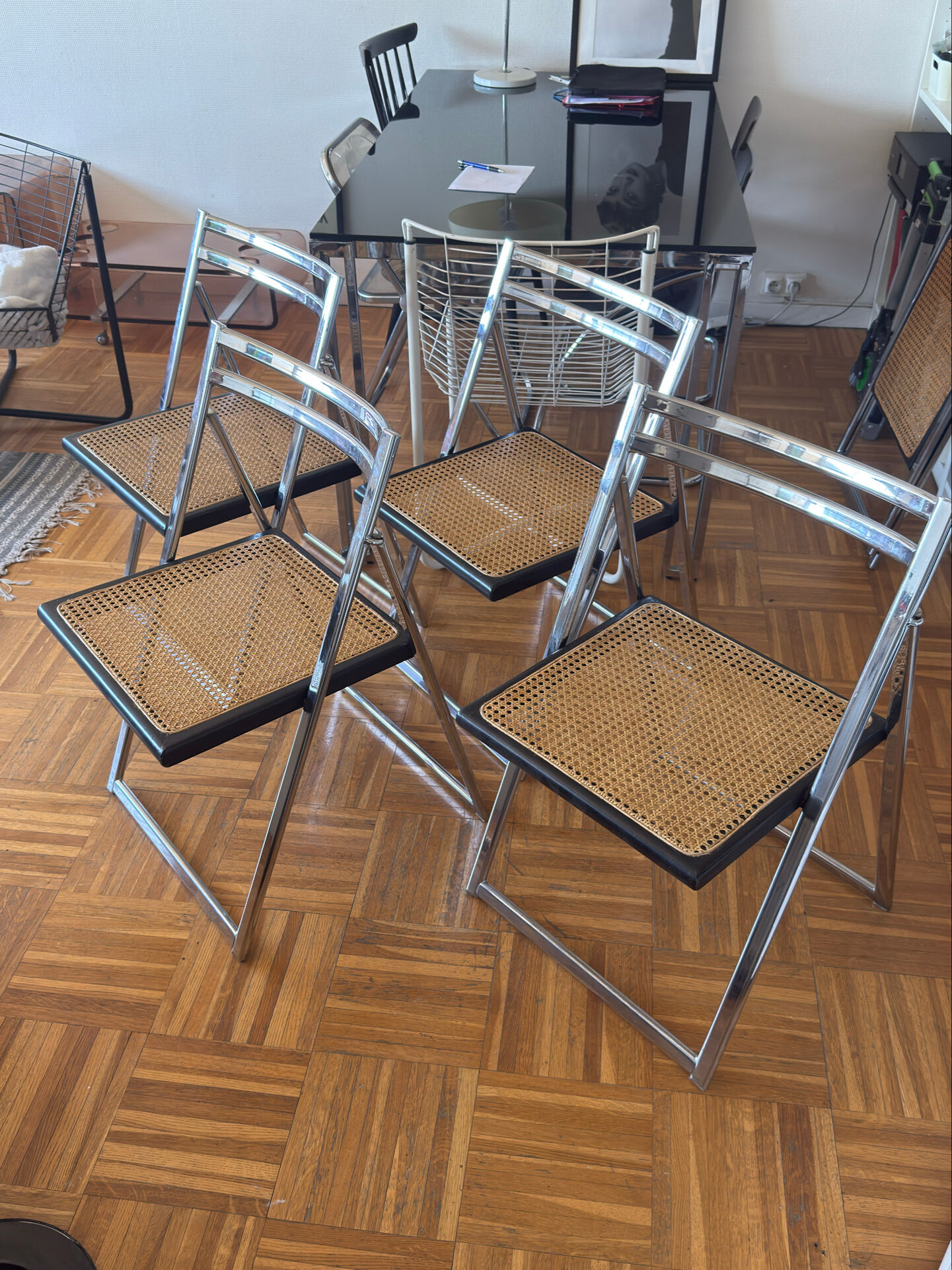 Set of 4 Italian folding chairs with caning.