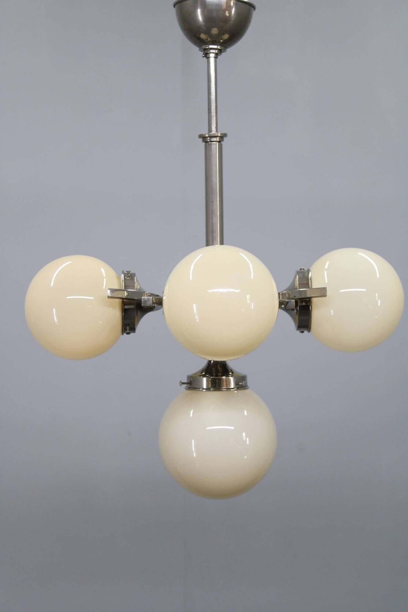 Czechoslovak Art Deco nickel chandelier with five opaline glass globes