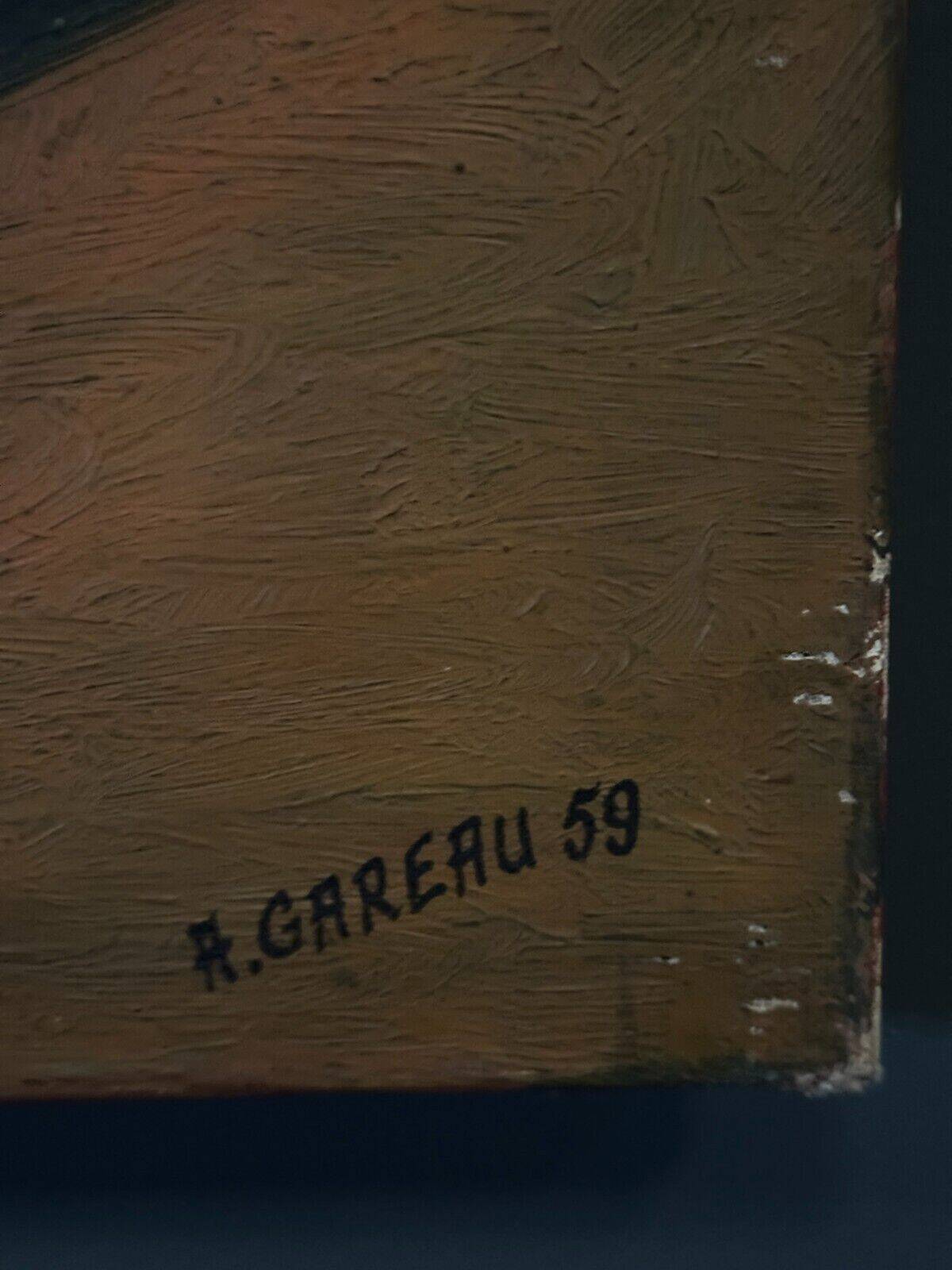 Oil on canvas by A. Gareau 1959 still life with ceramics