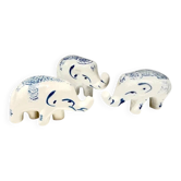 Set of 3 blue and white porcelain elephant decorative figurines.