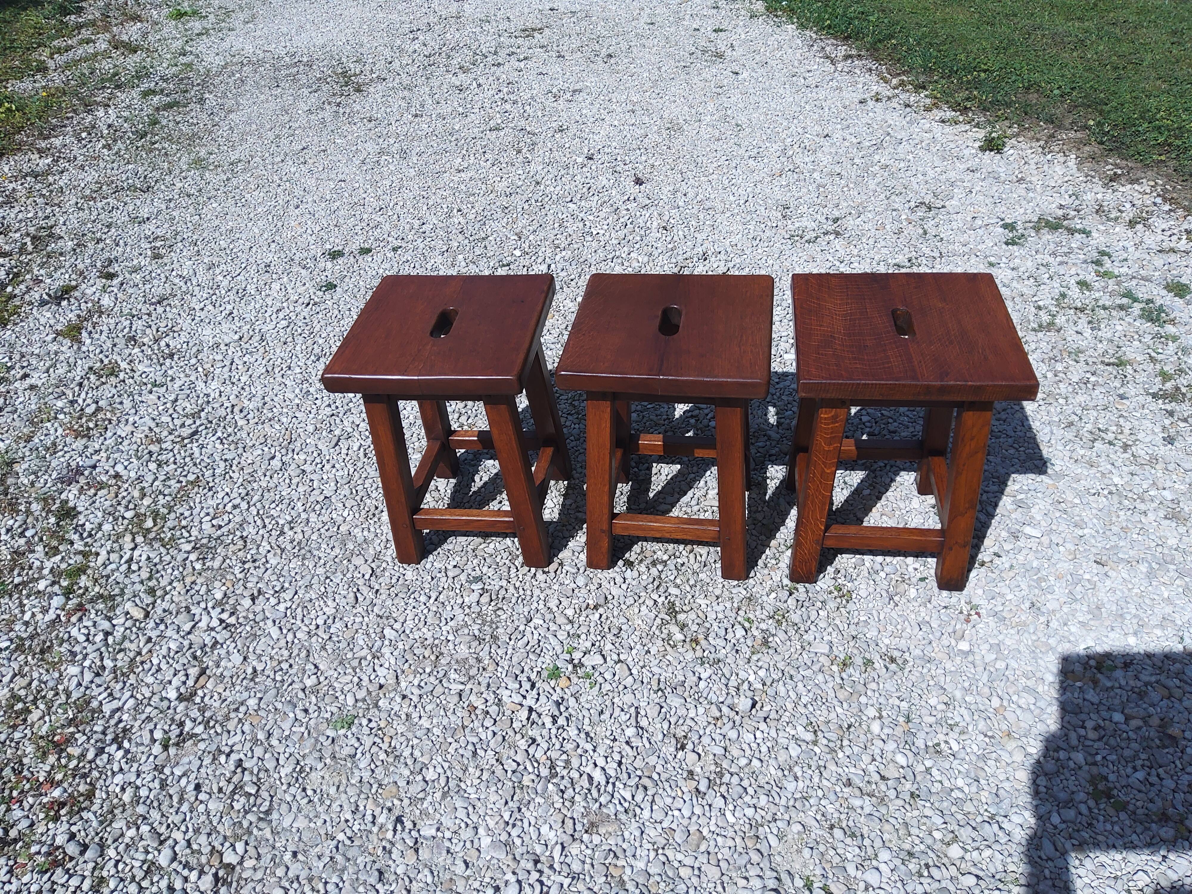 3 solid oak stools, 1980s
