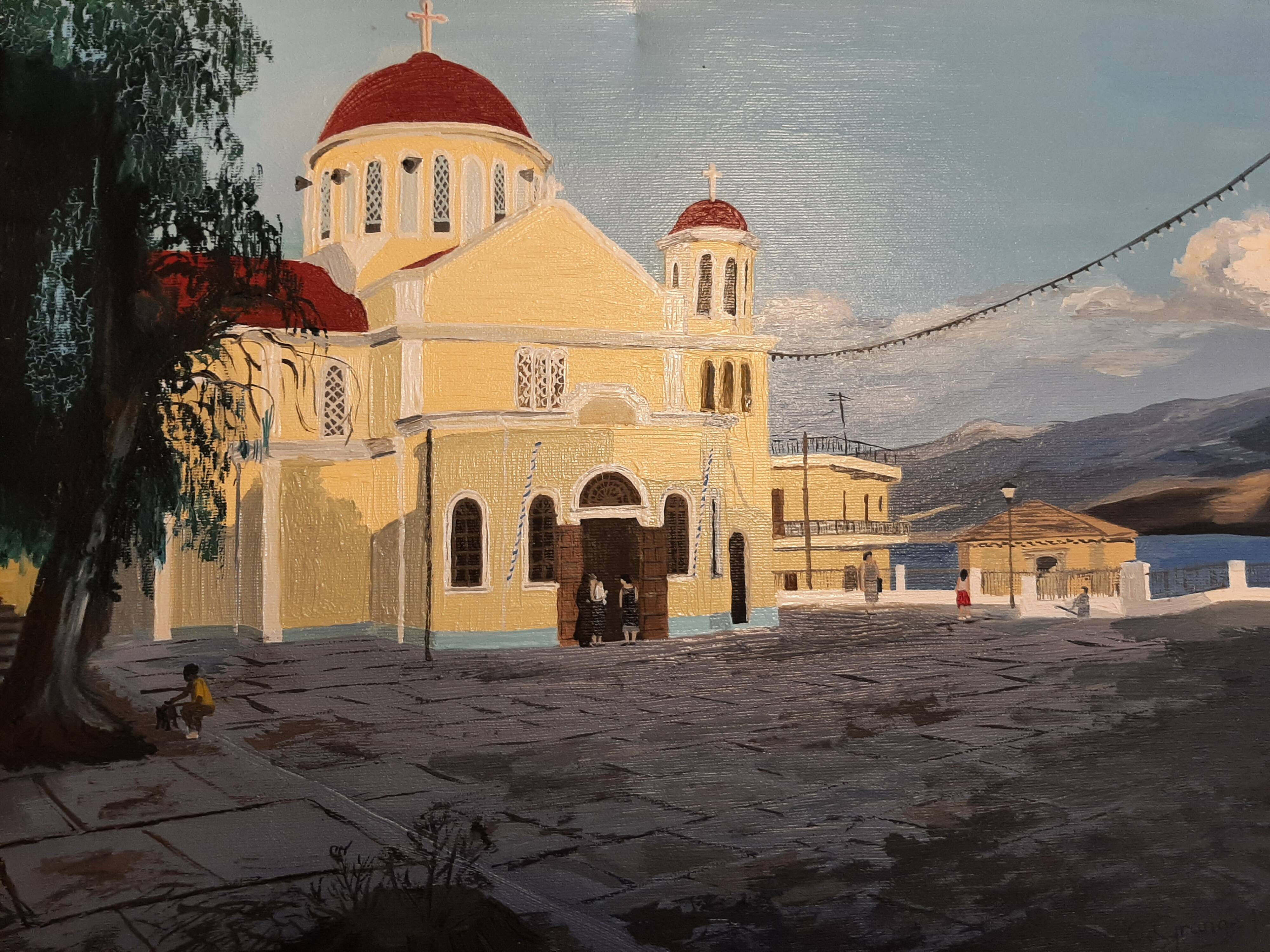 Huile sur toile représentant l'église orthodoxe de Sitia en Crête