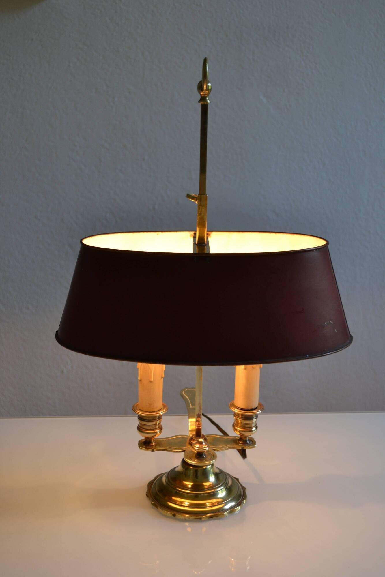 hot water bottle lamp with 2 bronze lights and burgundy sheet metal lampshade