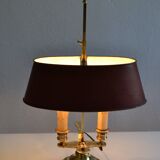 hot water bottle lamp with 2 bronze lights and burgundy sheet metal lampshade