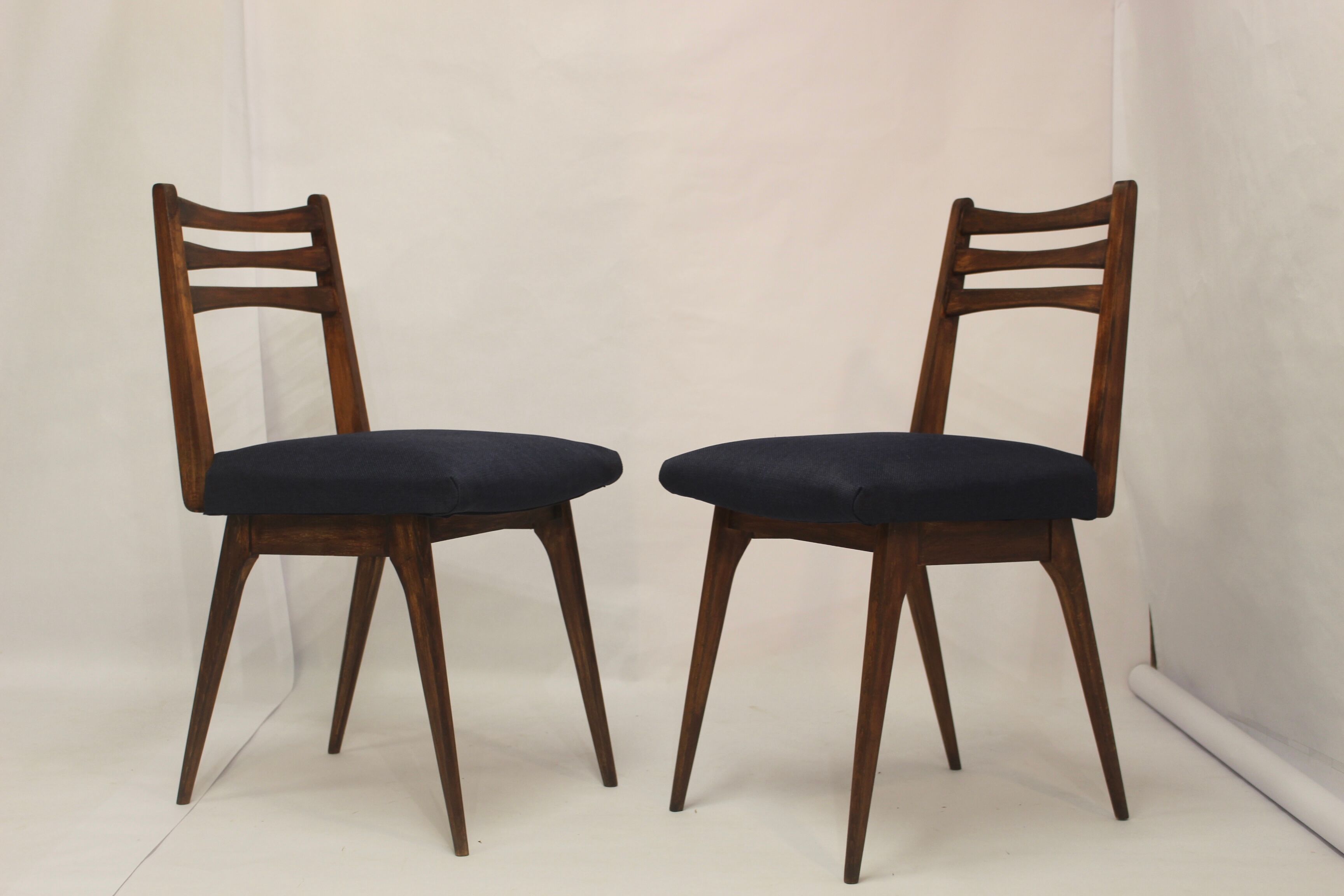 Pair of Scandinavian chairs seated night blue fabric restored, year 60.