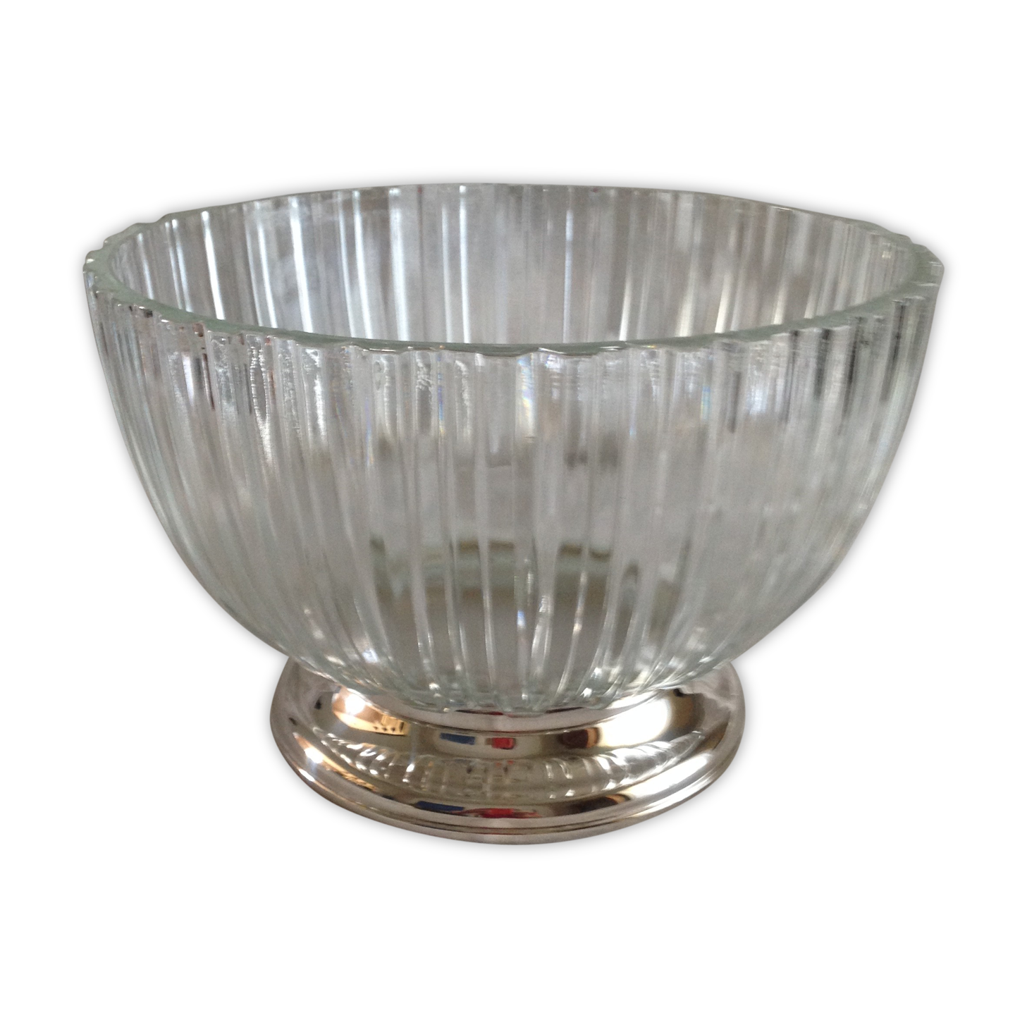silver metal stand glass bowl