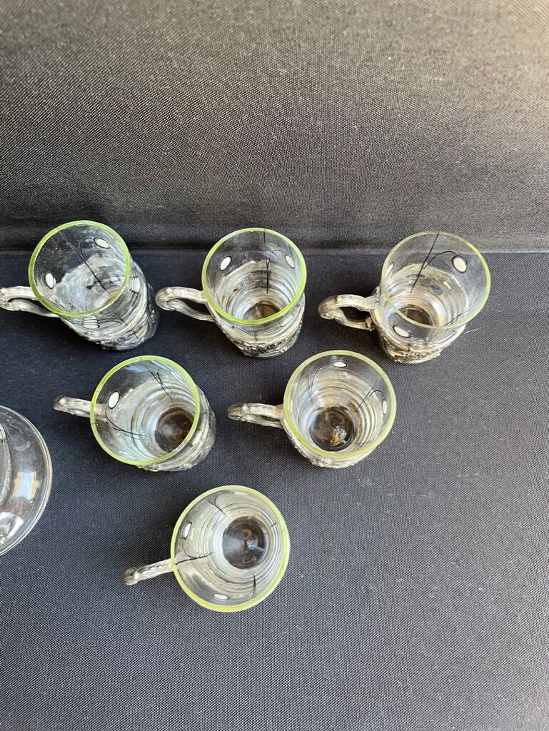 Liquor service Art Nouveau 1/2 Enamelled colored crystal with silver metal frame