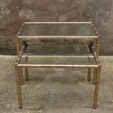 Pair of nesting coffee tables in gold metal with bamboo effect