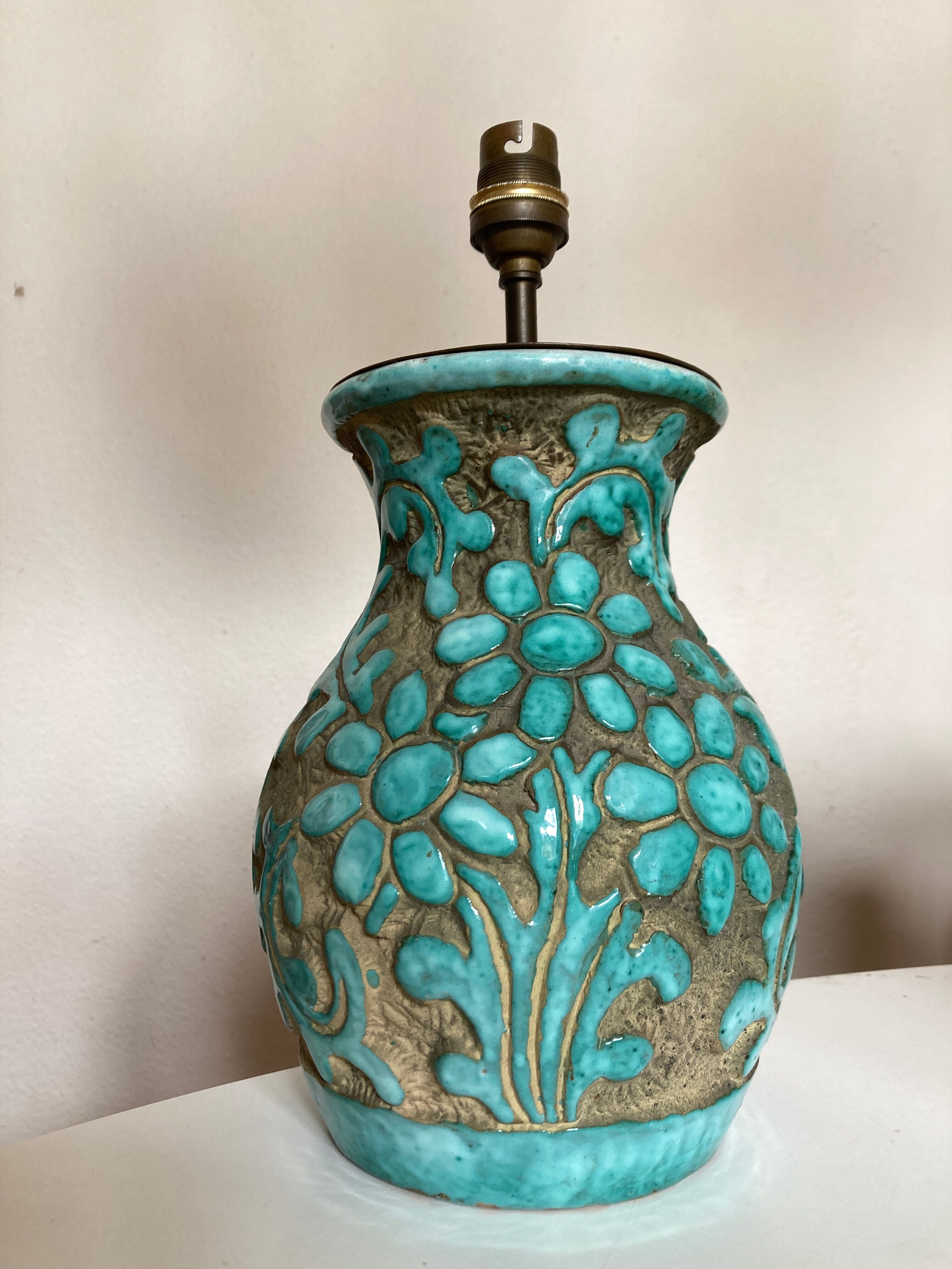 Italian glazed ceramic lamp 1960 mid century Bitossi turquoise