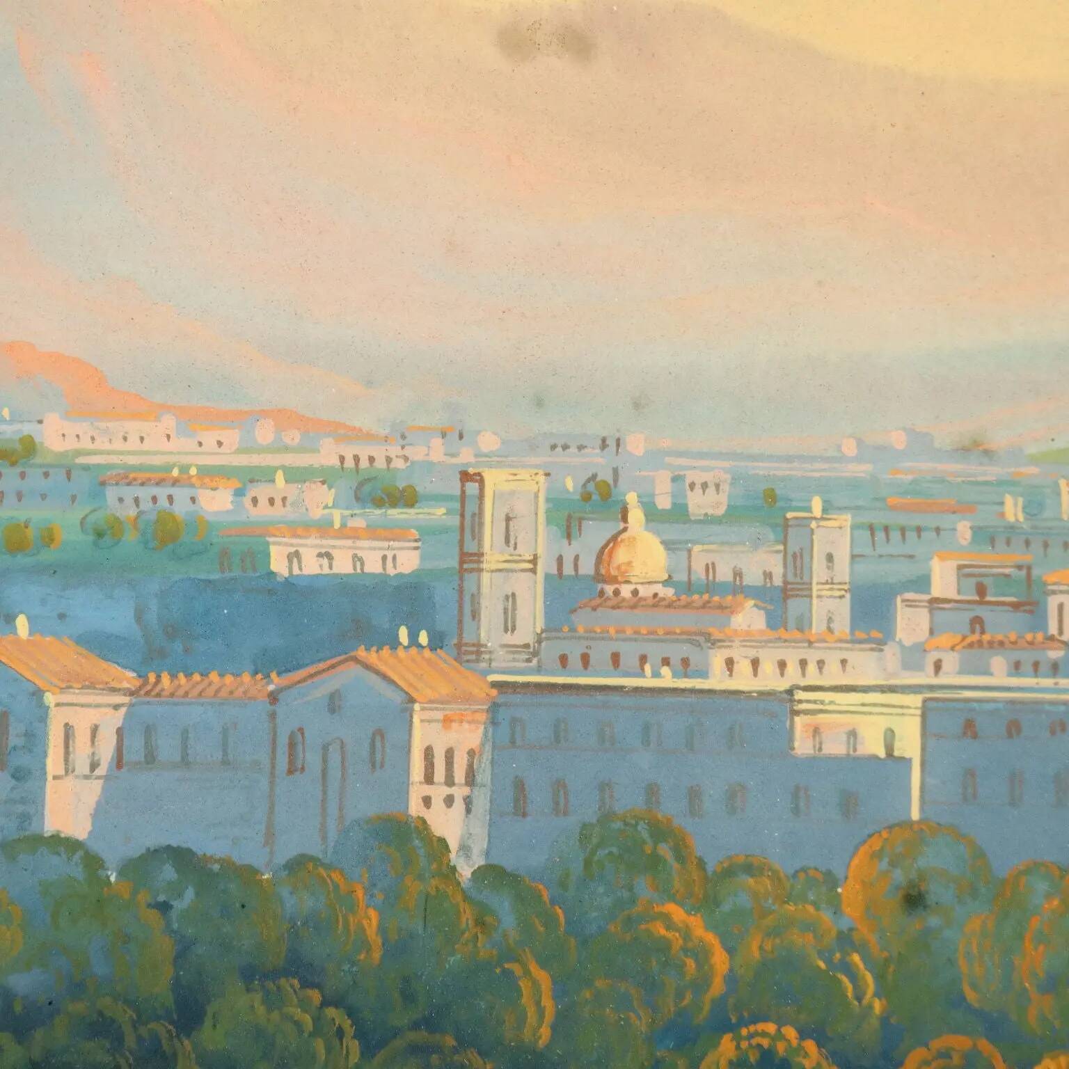 Peinture ancienne gouache avec vue sur Sorrente XIXe siècle