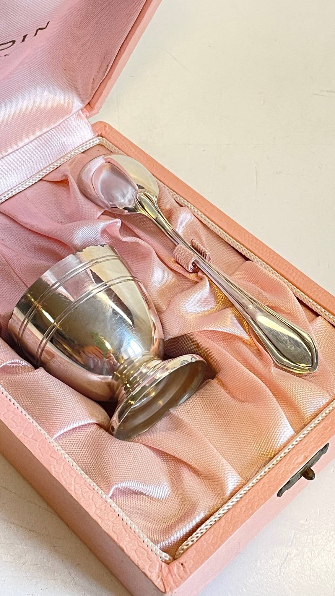 Vintage Silver-Plated Metal Egg Cup and Spoon for Birth