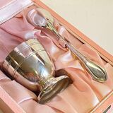 Vintage Silver-Plated Metal Egg Cup and Spoon for Birth
