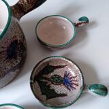 Vallauris fondue serving lot 1 large pot and 6 small pots décor thistle gray, blue, green