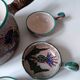 Lot service à fondue Vallauris 1 grand caquelon et 6 petits caquelons décor chardon gris, bleu, vert