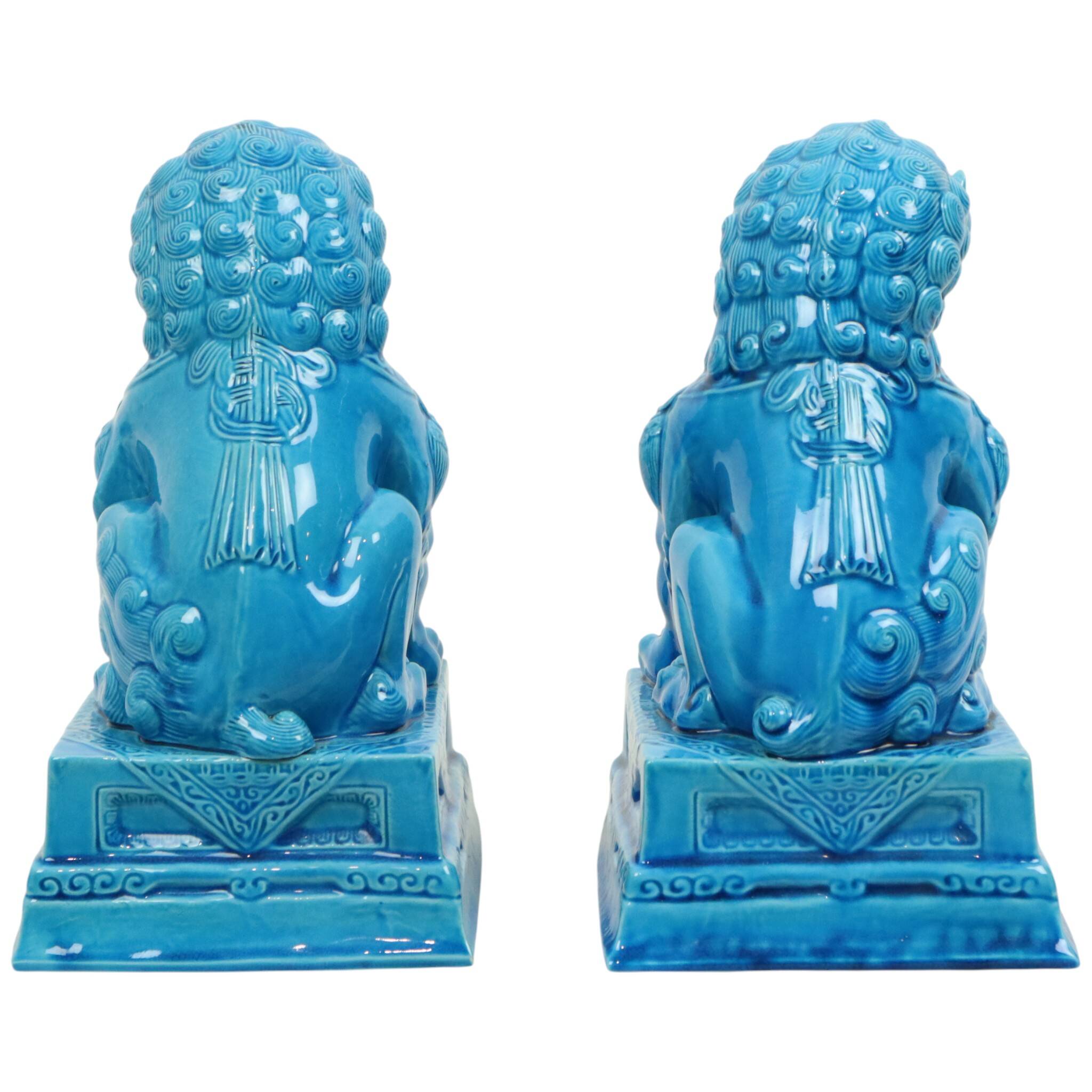 Large Temple Lion Statues Foo Dogs Blue Porcelain 25cm