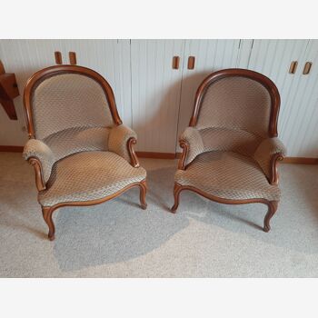 2 shepherdess style armchairs. arched feet-velvet fabric art deco patterns-beige light brown louis xv