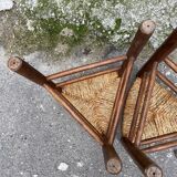 Pair tripod stool vintage design wood and straw