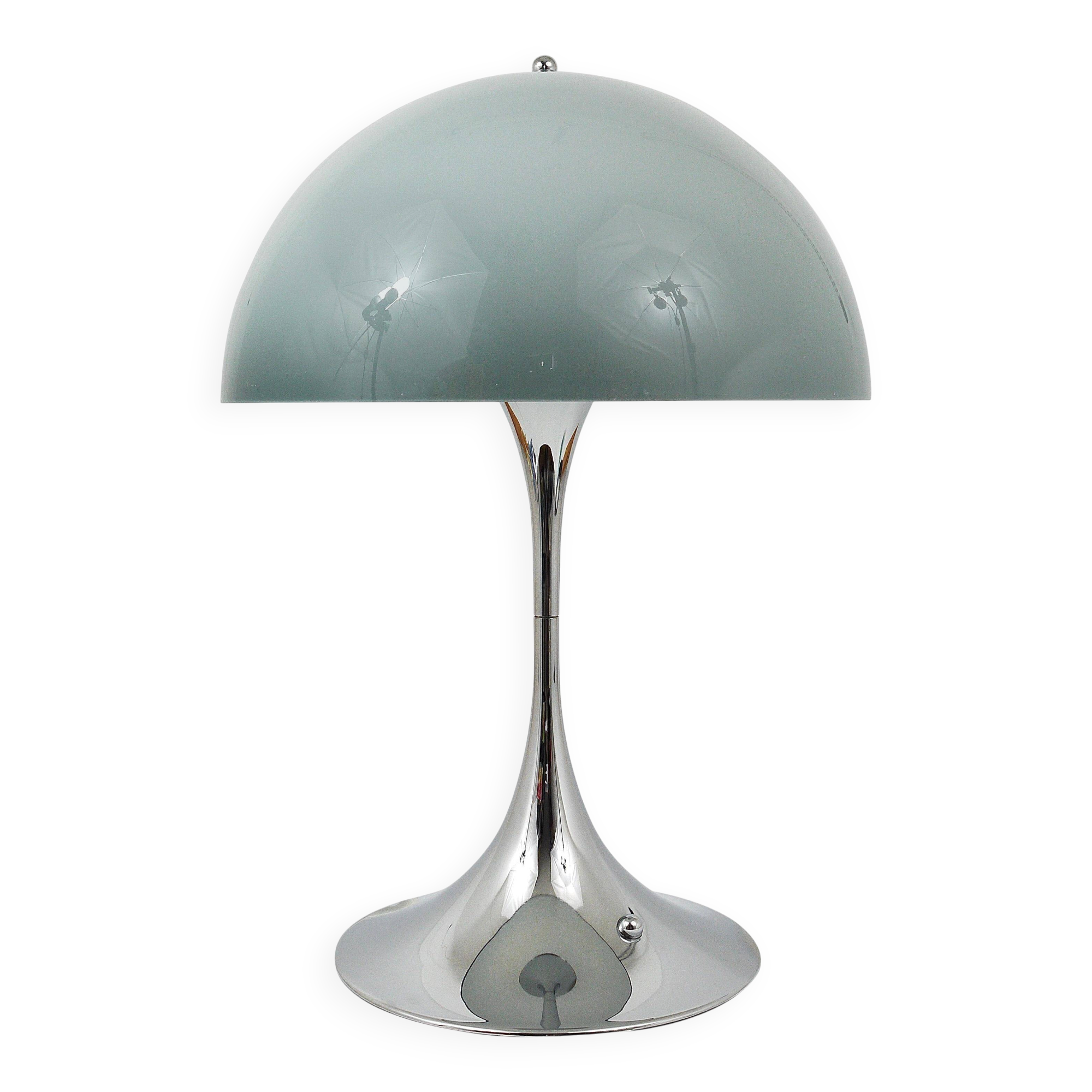 Rare Panthella table lamp by Verner Panton with a chrome base and grey shade.
