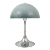 Rare Panthella table lamp by Verner Panton with a chrome base and grey shade.