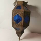 Oriental style hanging lantern in brass and dark blue glass