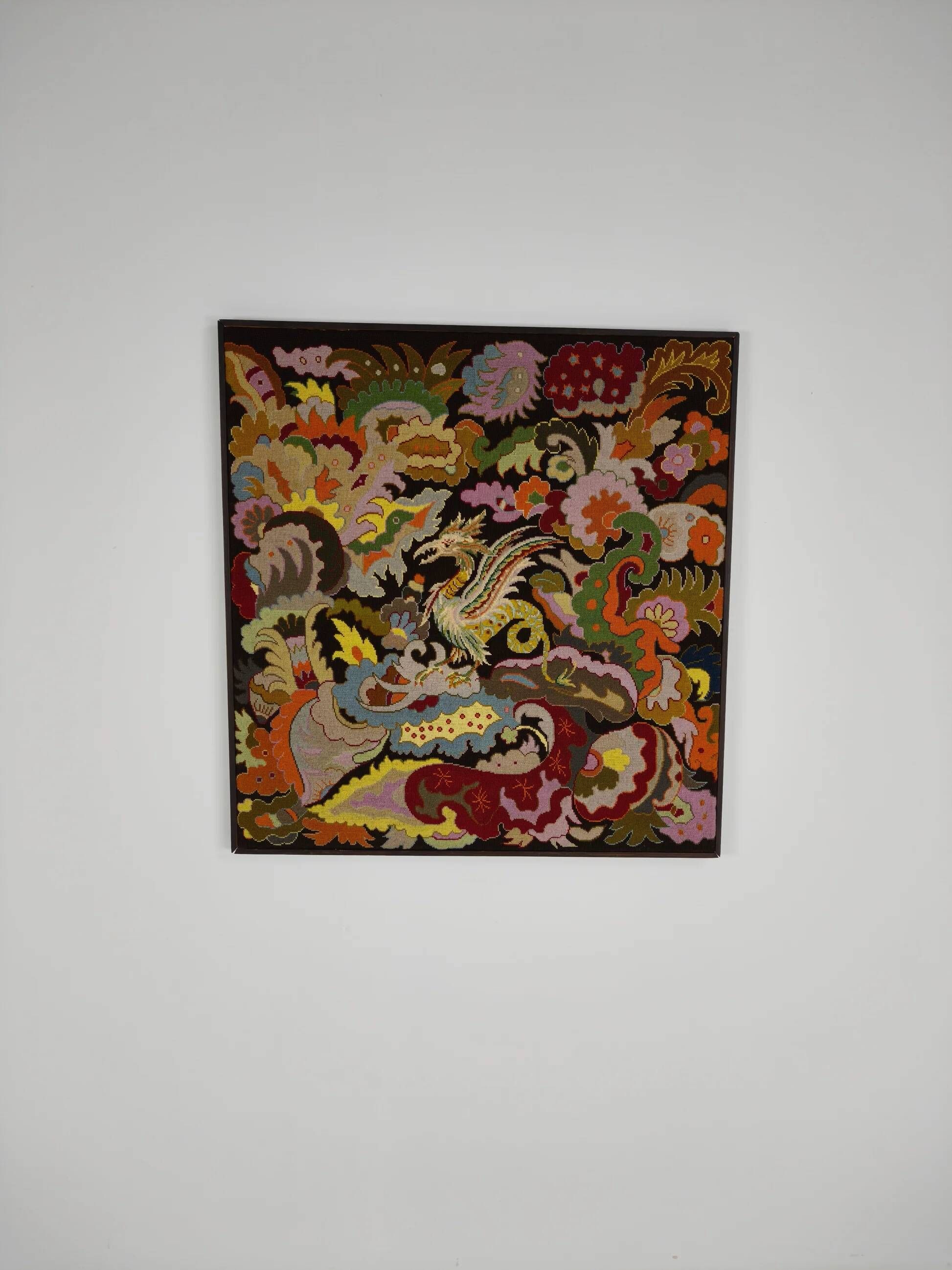 Original French hand-embroidered textile – Griffin & floral design – c.1930–1940