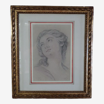 Portrait de jeune femme romantique dessin signé vers 1900 47x42 cm SB