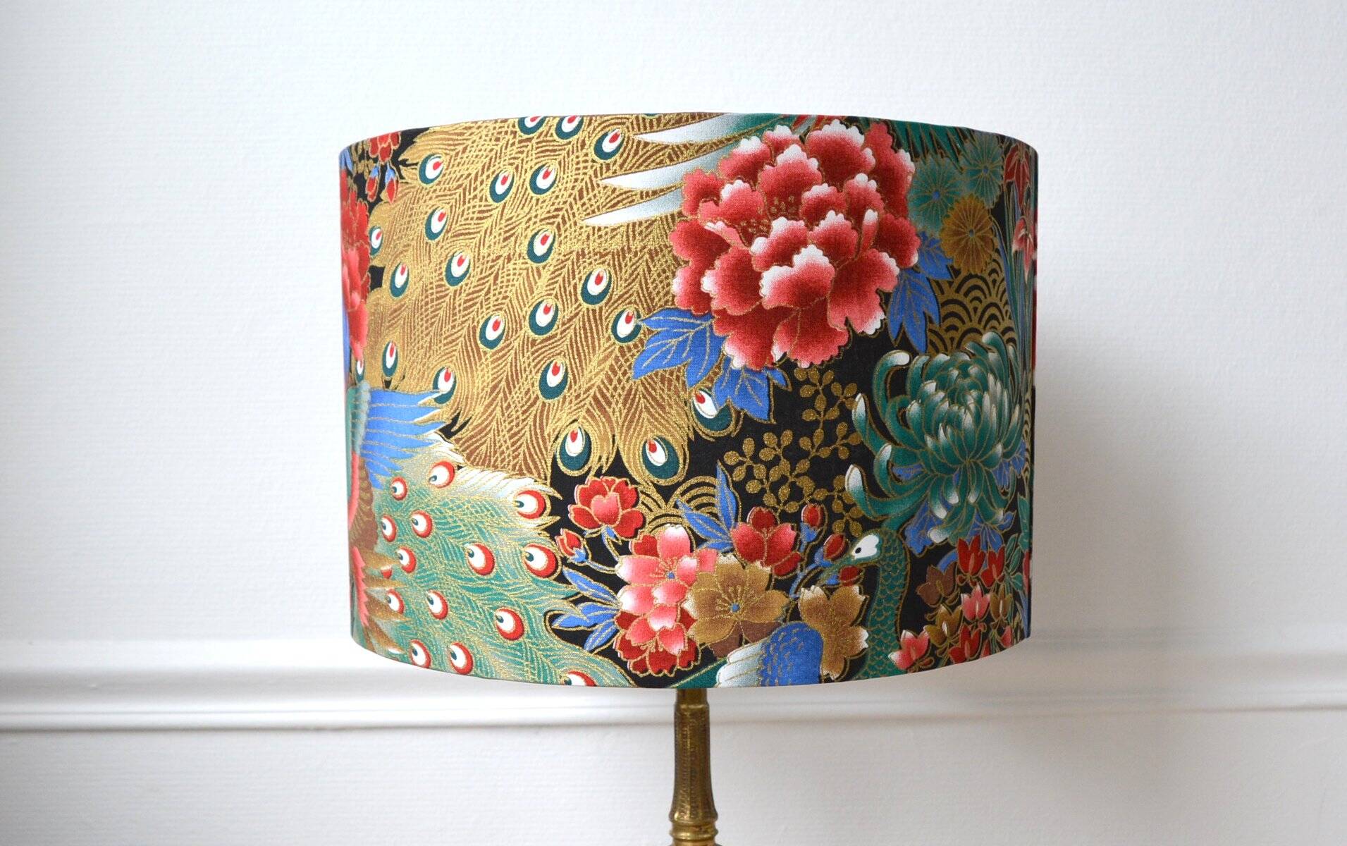 Jouy fabric lampshade, peacock, flowers, gold.