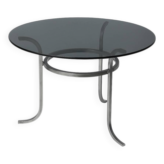 Vintage Round Table with Chrome Base and Smoked Glass Top