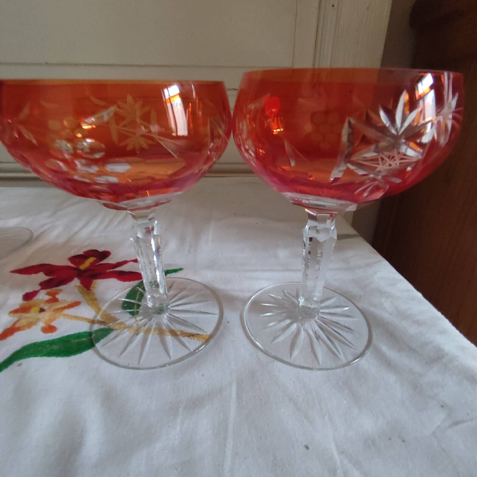 Five antique orange cut crystal champagne glasses with grape cluster decoration Poland