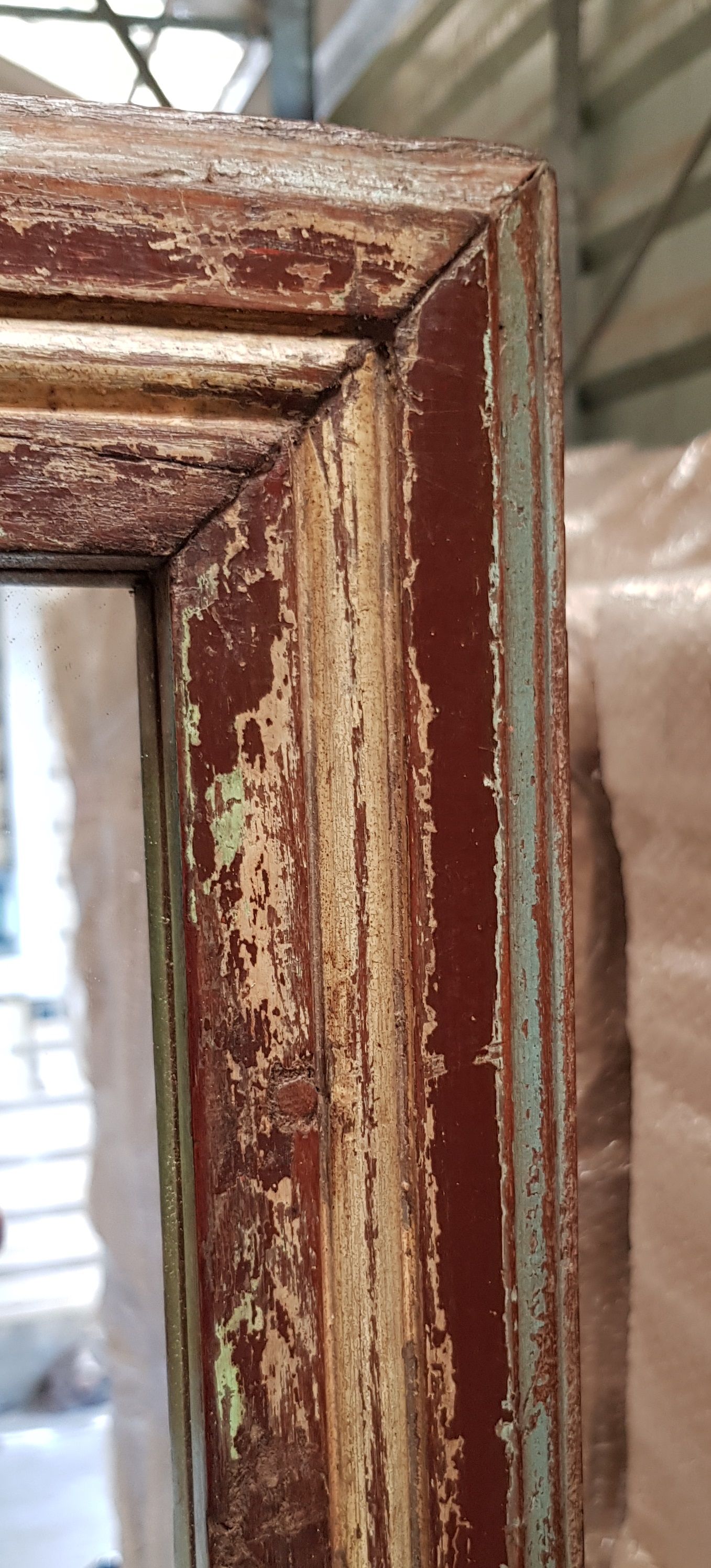 Old Burmese teak mirror with beautiful blue polychromy & original ecru 89x149cm
