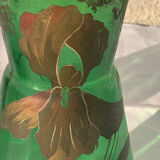 Paire de vases aux iris dore verre transparent vert et iris peint a la main art nouveau, collector