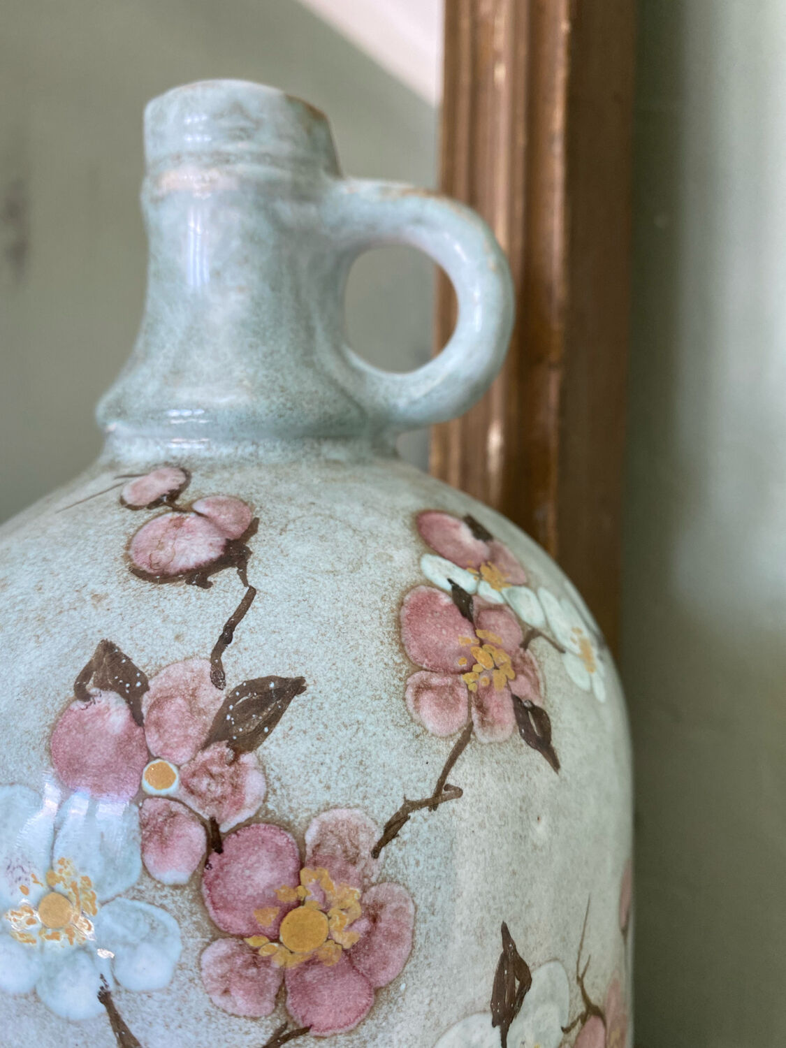 Signed ceramic bottle vase, cherry blossoms, 70s
