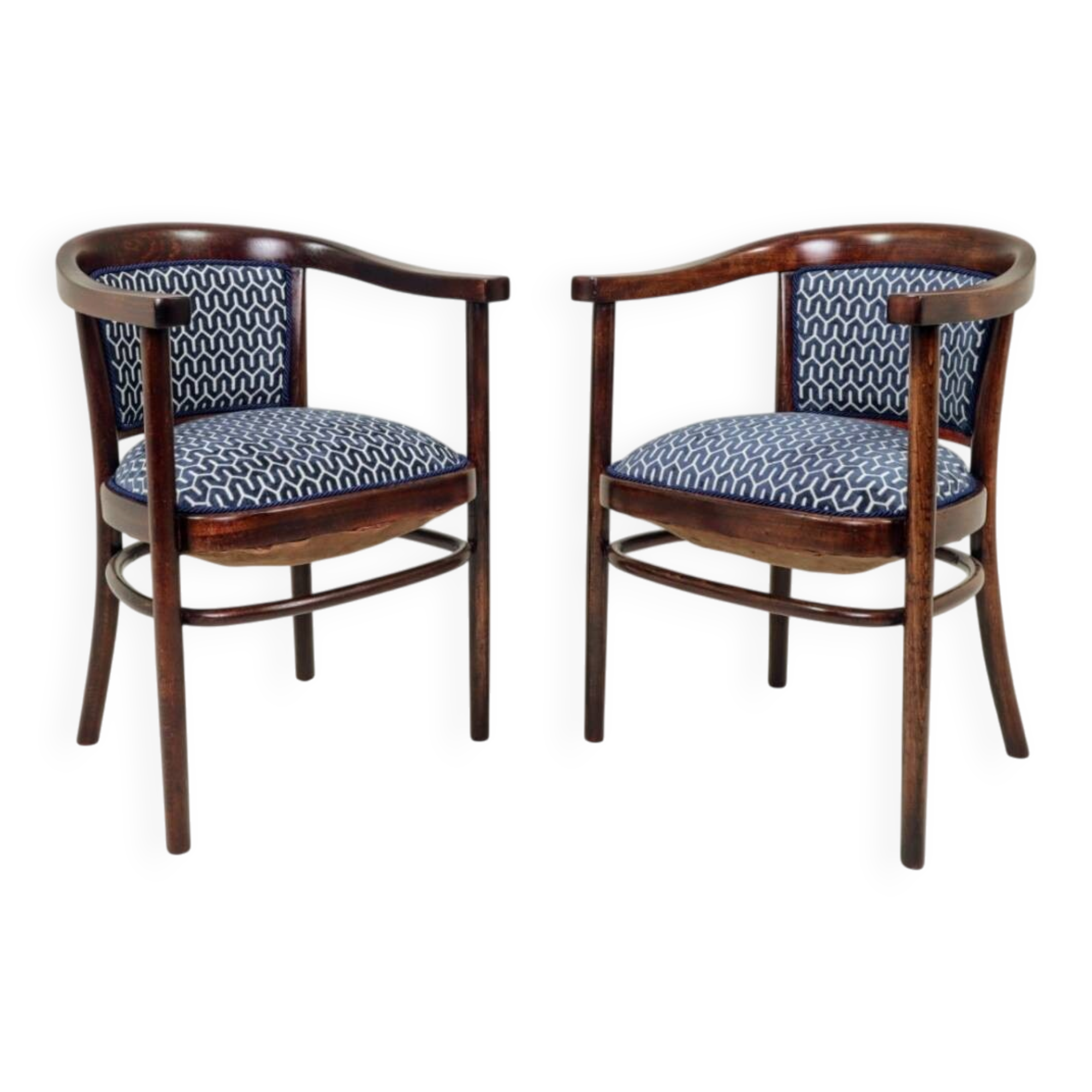 Pair of restored Art Deco style Thonet armchairs in jacquard.