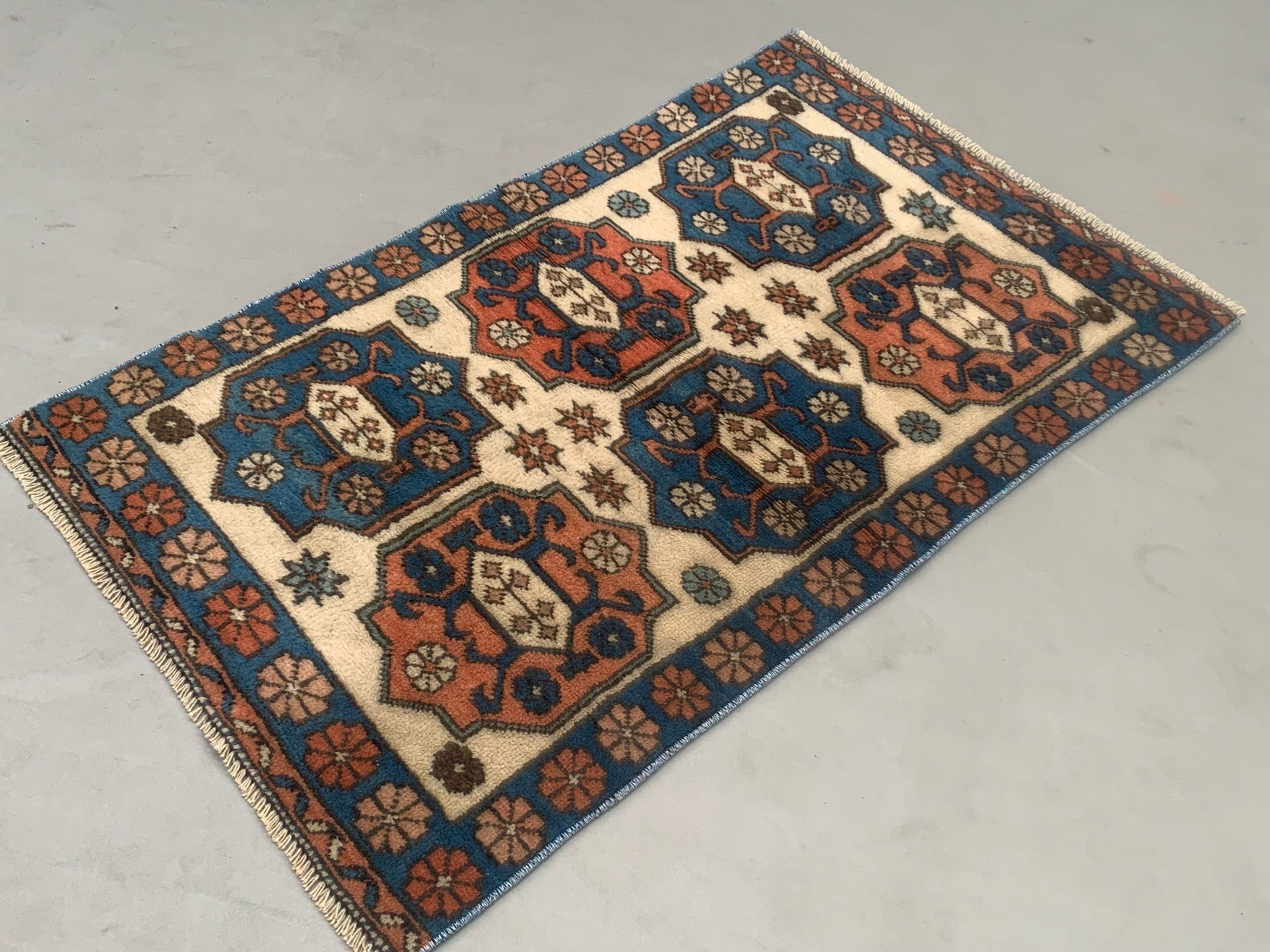Vintage Turkish Kazak Rug Oriental 135x81 cm Tribal Small Carpet, Red and Blue