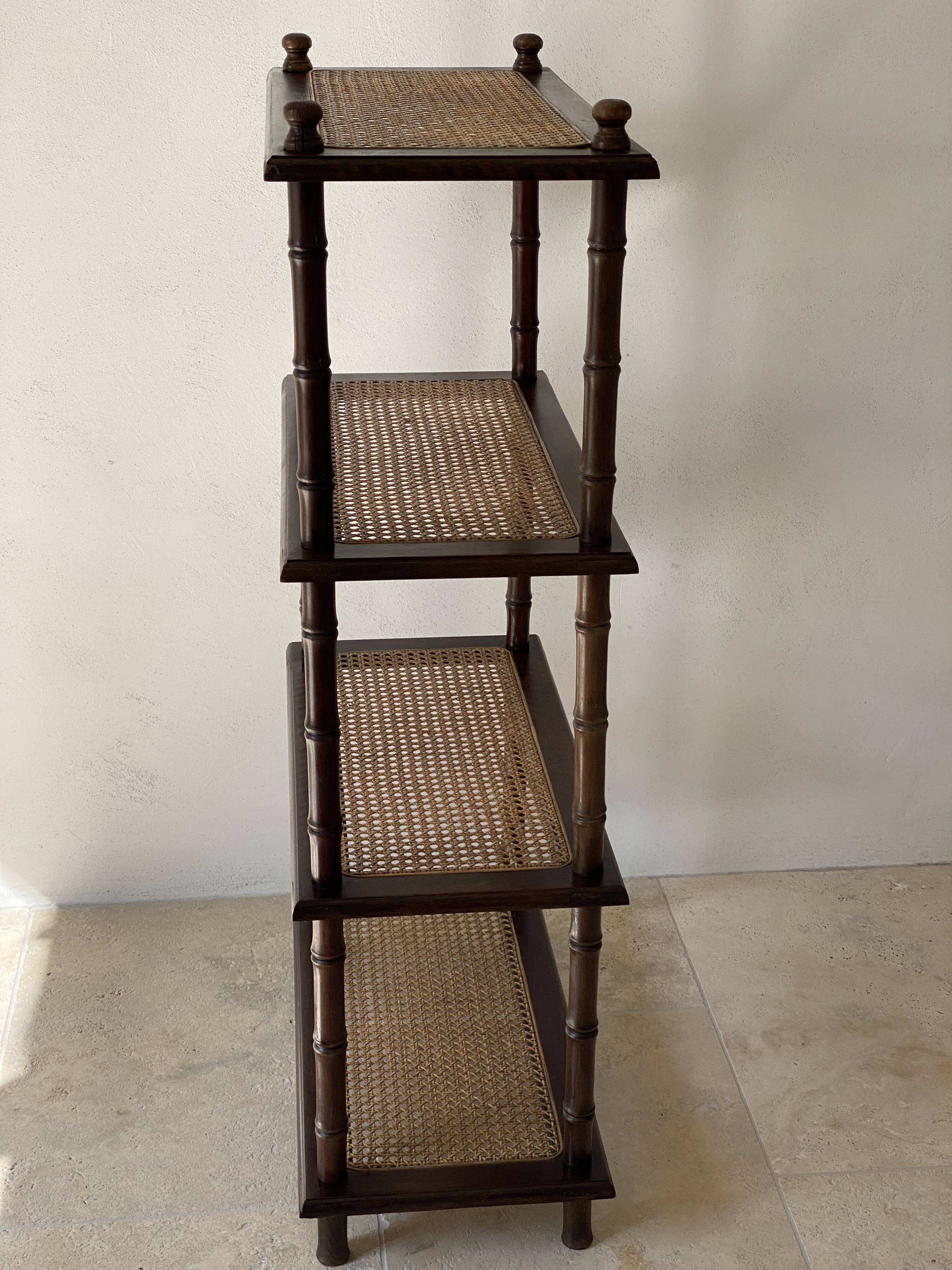 Vintage wooden shelf with cane, colonial style, 4 levels.