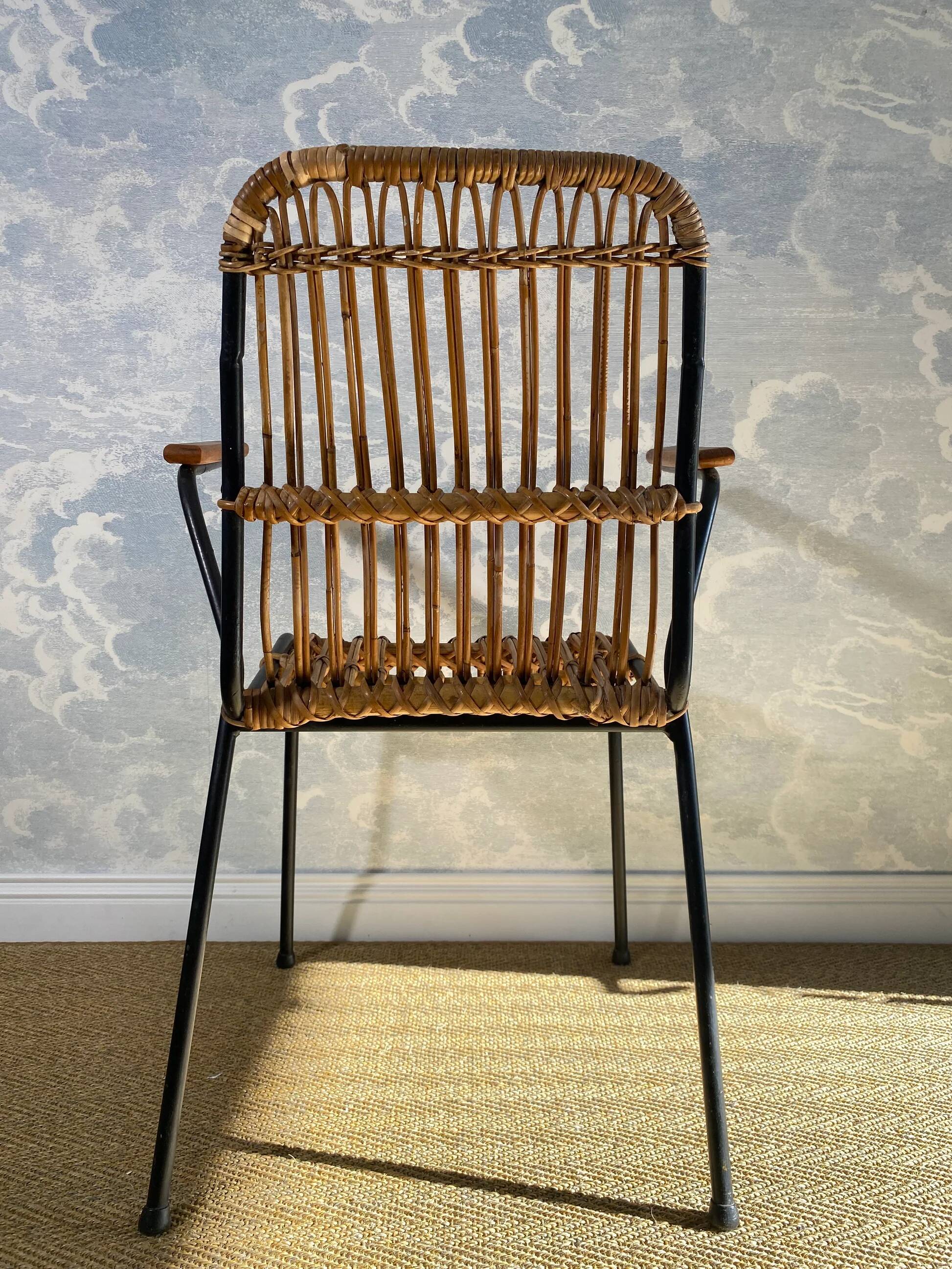 Set of 4 vintage rattan and bamboo chairs by Schumacher, Belgium 1950s.