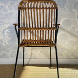 Set of 4 vintage rattan and bamboo chairs by Schumacher, Belgium 1950s.