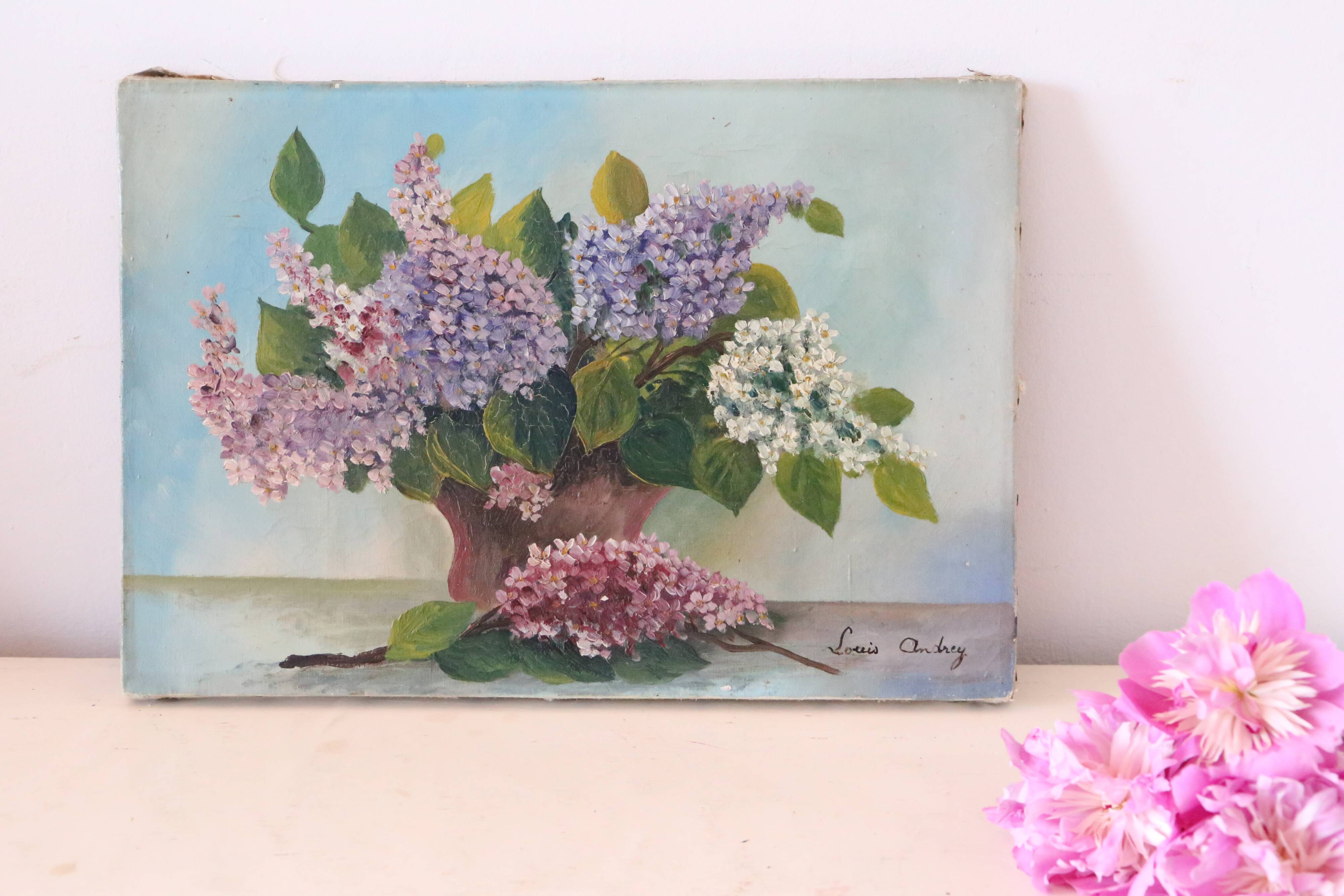 Painting bouquet of flowers, still life, signed Louis Andrey, oil on canvas, mid-twentieth