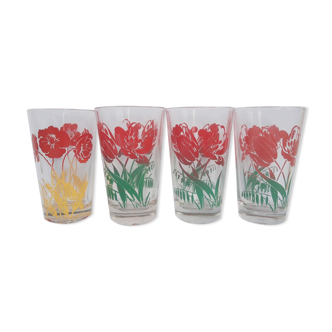 Set of 4 water glasses old flowers 60s vintage