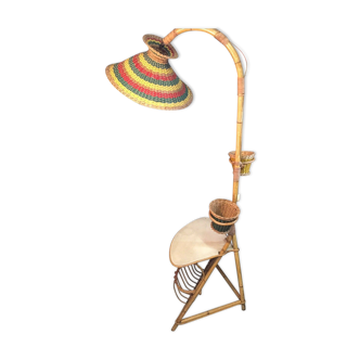 Magazine lamp shelf shelf door plants in rattan and scoubidou 50s