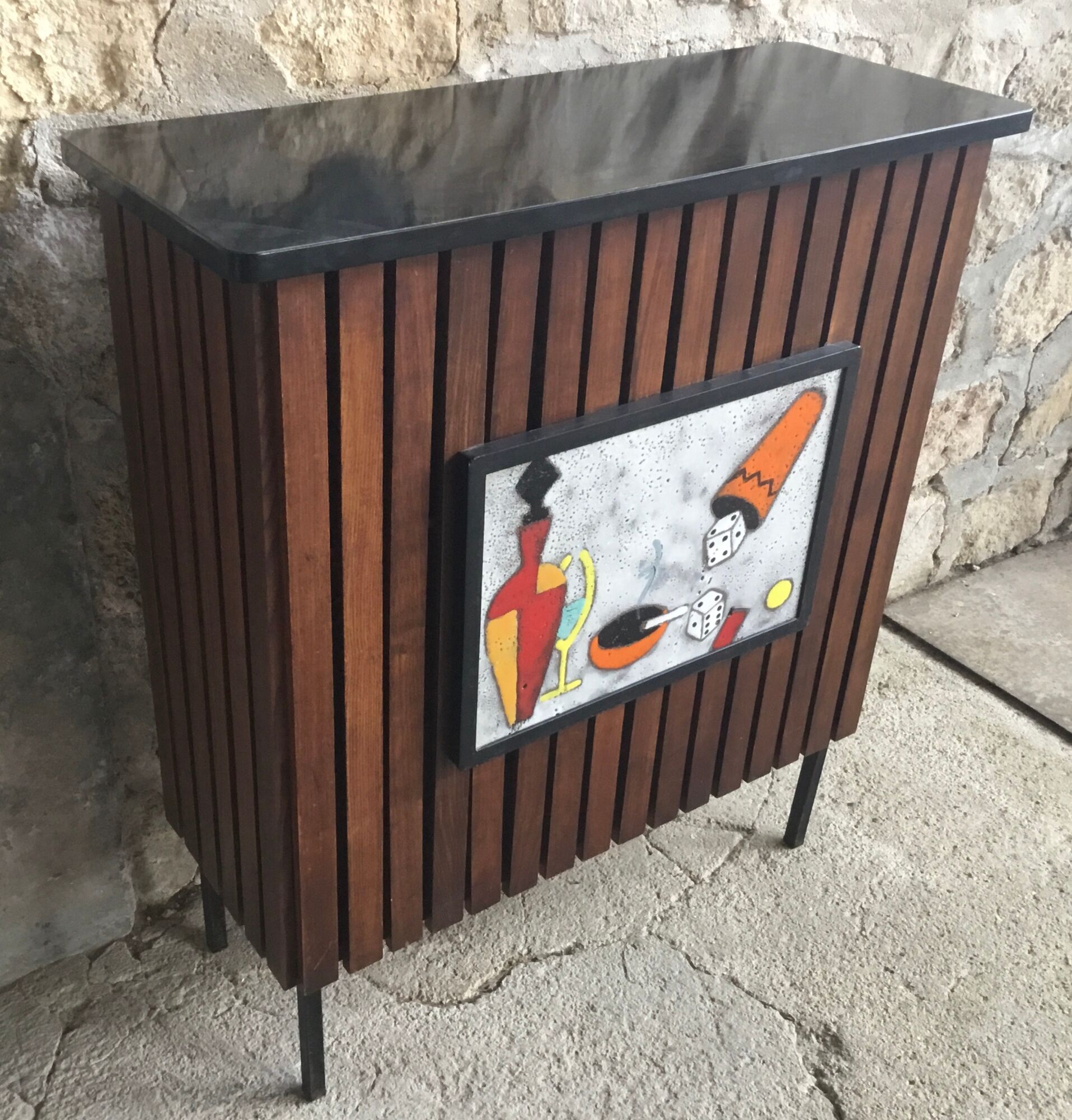 Furniture bar with vintage cocktails, teak blades and earthenware -1960s