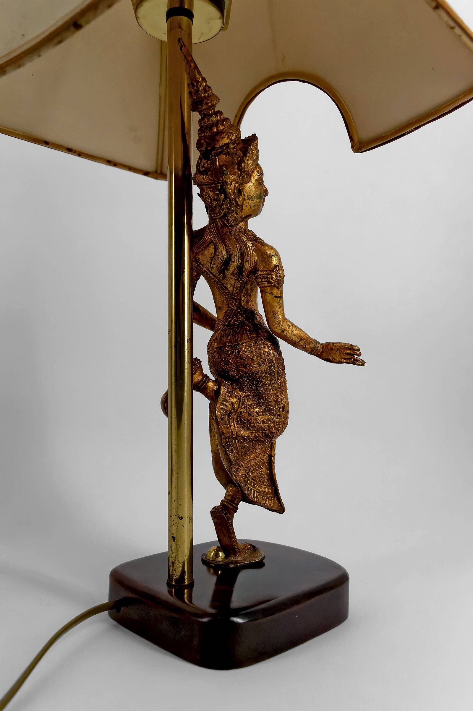 Pair of Sculptural Lamps in Gilt Bronze, Thai Dancers, 20th Century