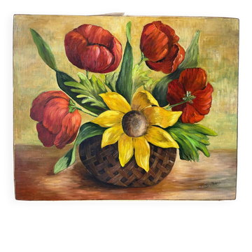 Large Table Bouquet of Flowers, Oil on Canvas, Signed Francine Dubo